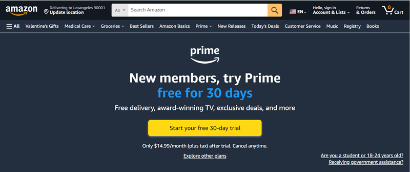 Main Screen on Amazon Prime Video Website