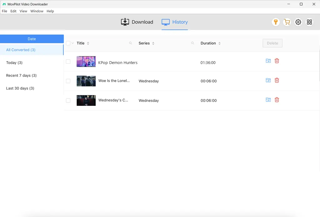 MovPilot Download History with Completed Movie Files