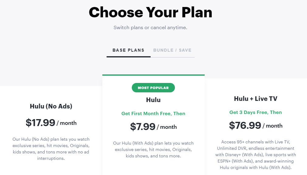 Elige el plan de prueba gratuito de Hulu