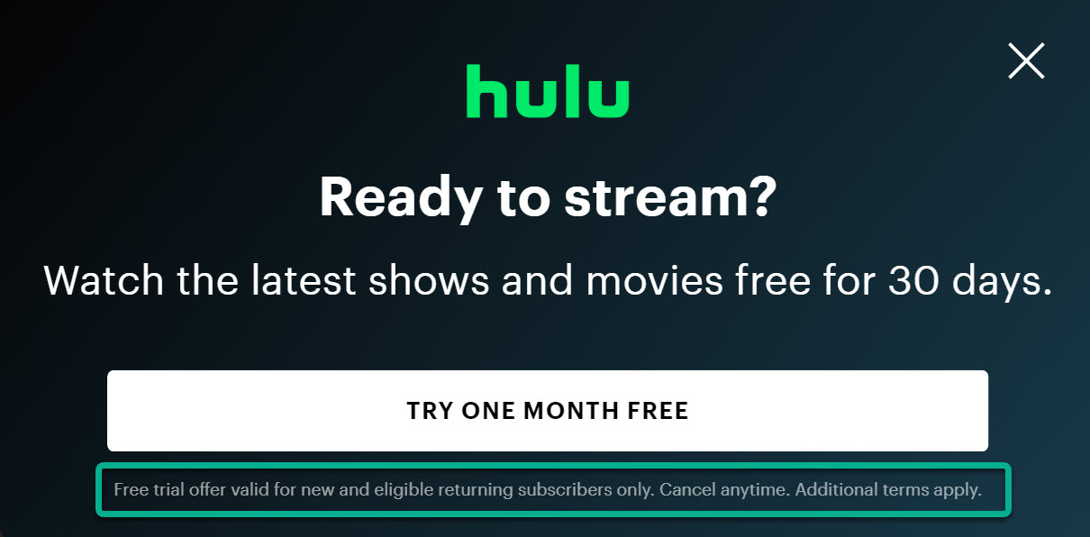 Aviso para teste gratuito do Hulu