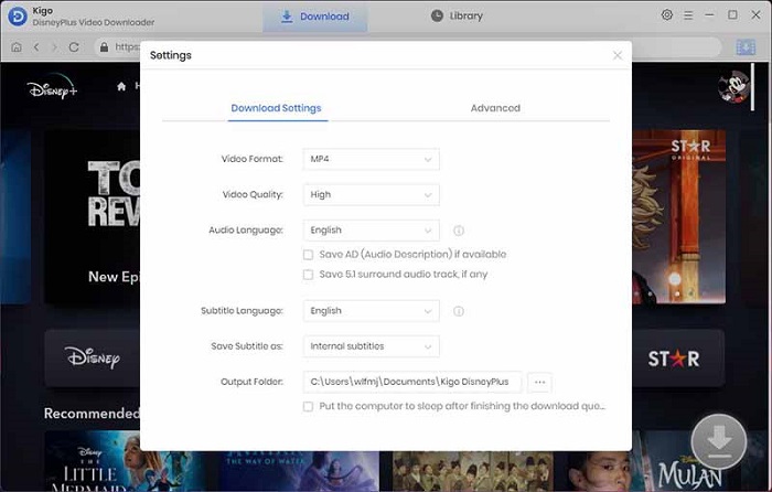 Kigo Download Settings Selection