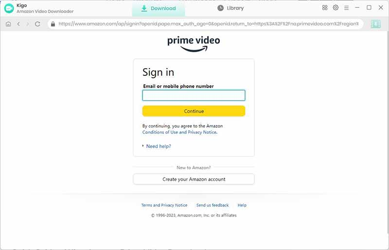 Log into Amazon Account on Kigo Amazon Prime Video Downloader