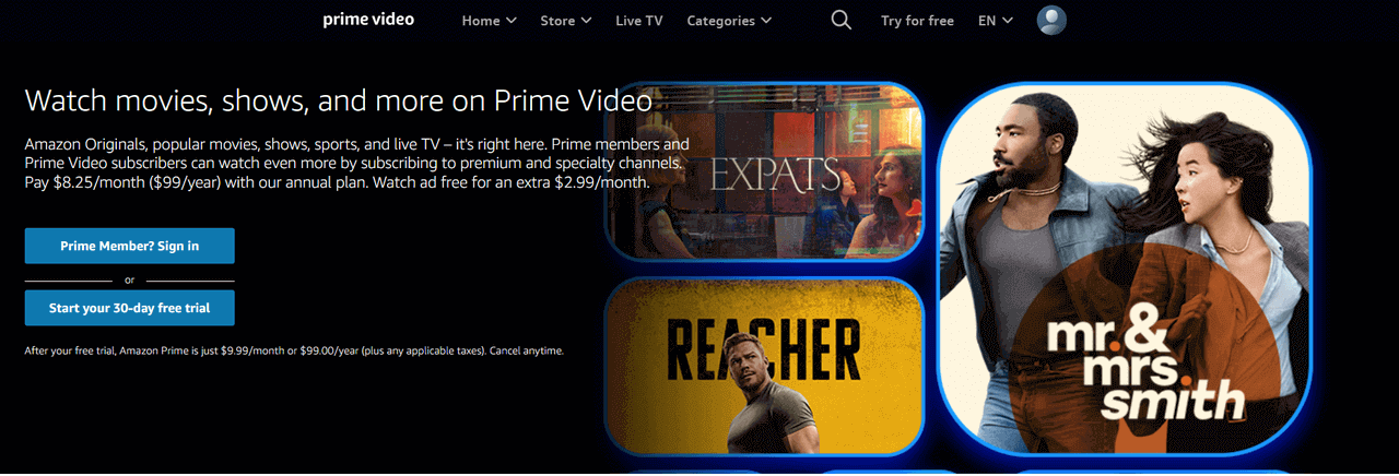 Main Screen on the Amazon Prime website