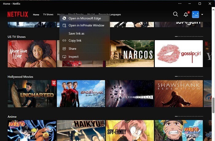 Conteneur Edge de l'application Windows Netflix