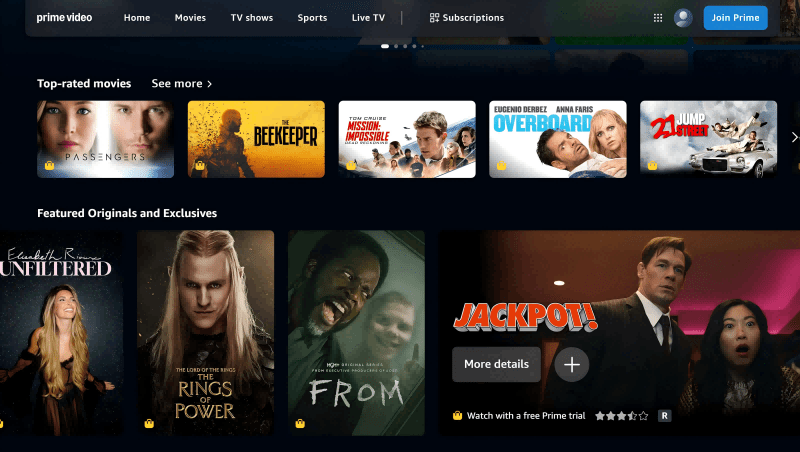 Page d'accueil d'Amazon Prime Video