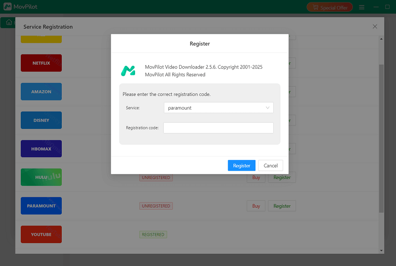 Register MovPilot Paramount Plus Video Downloader