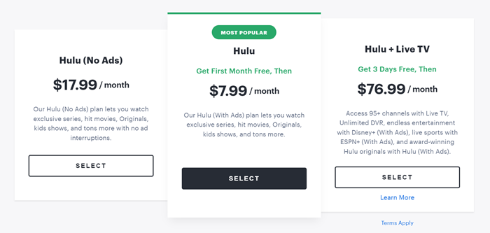 Selecione um plano Hulu