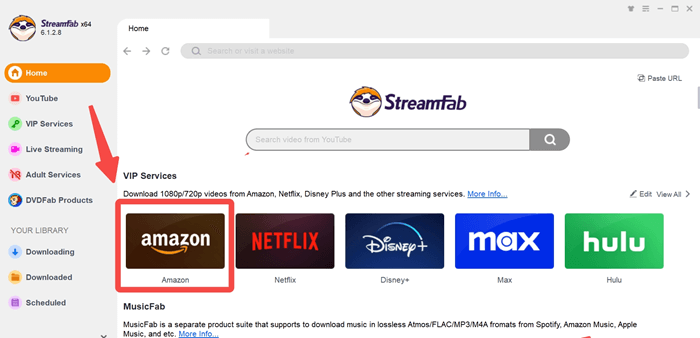 Seleccione Amazon en la página de inicio de StreamFab