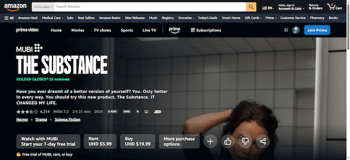 The Substance on Amazon Prime Video