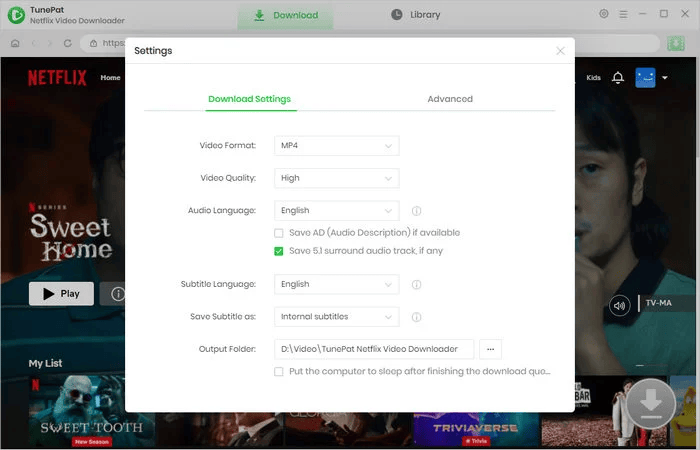 Output Settings of TunePat Netflix Video Downloader